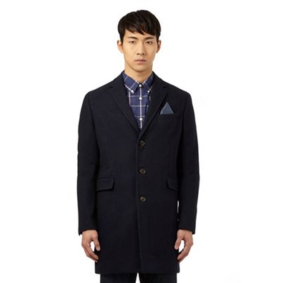 Ben Sherman Big and tall navy single breasted overcoat with wool
